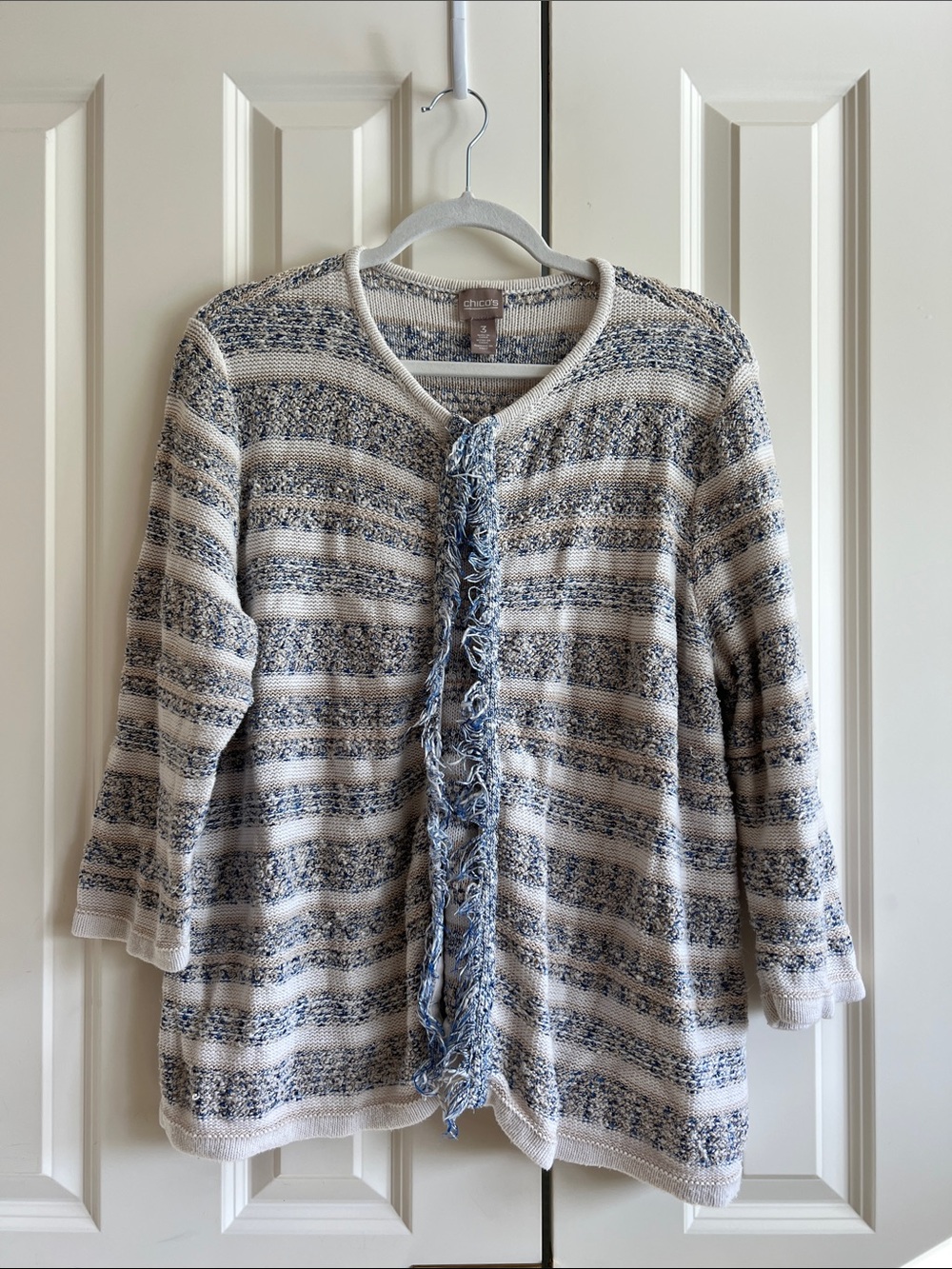 Chico's Cream and Blue Striped Fringe-Trim Cardigan Chico’s Size 3 or XL